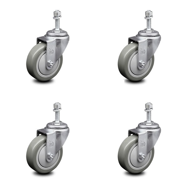 4 Inch Gray Polyurethane Wheel Swivel 10mm Threaded Stem Caster Set SCC